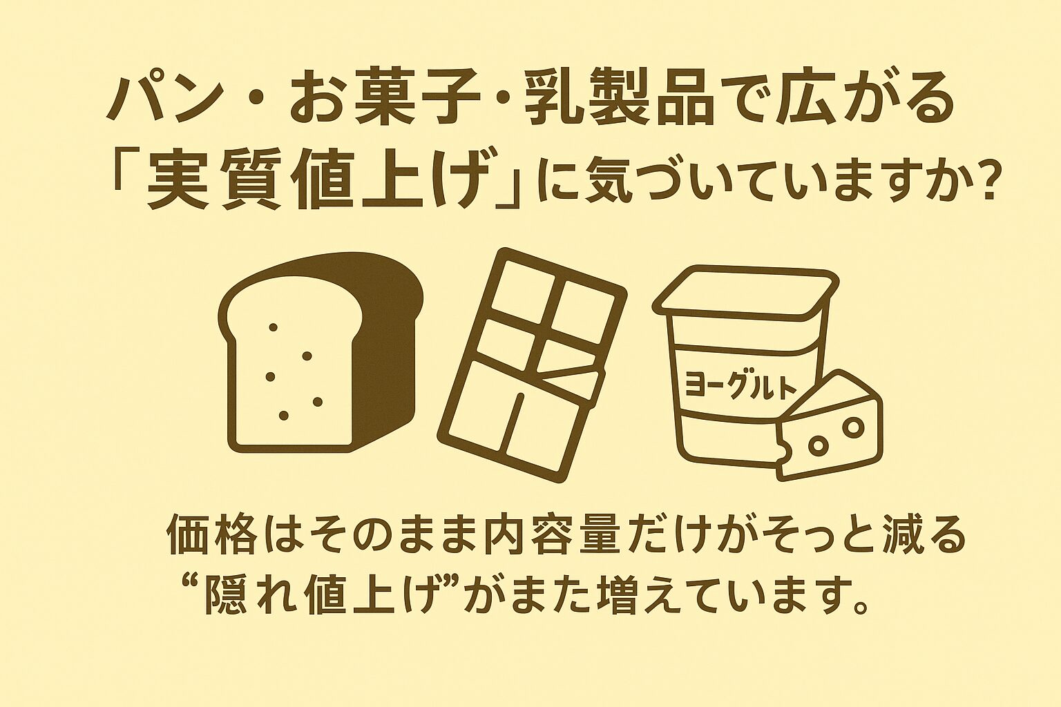 パン・お菓子・乳製品の“実質値上げ”を知らせるパステルイエロー背景のアイキャッチ画像｜隠れ値上げを分かりやすく示す食品イラスト入り