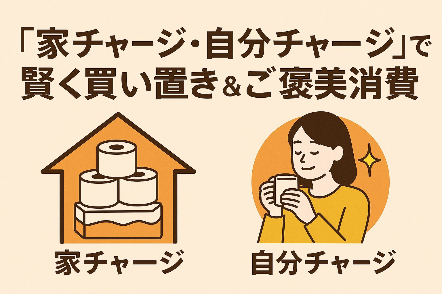 「家チャージ・自分チャージで賢く買い置き＆ご褒美消費」をテーマに、トイレットペーパーなどの日用品を備蓄する家チャージのイラストと、飲み物を楽しみながらリラックスする女性の自分チャージのイラスト。