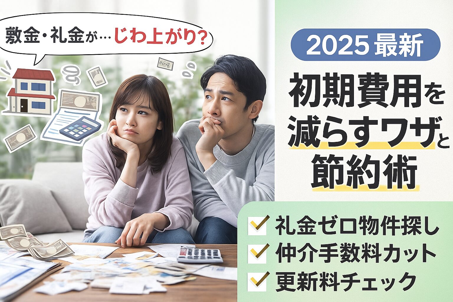 「敷金・礼金のじわ上がりに悩む夫婦が、初期費用を減らす方法を考えている様子と、2025年最新の節約ワザを紹介するバナー画像」