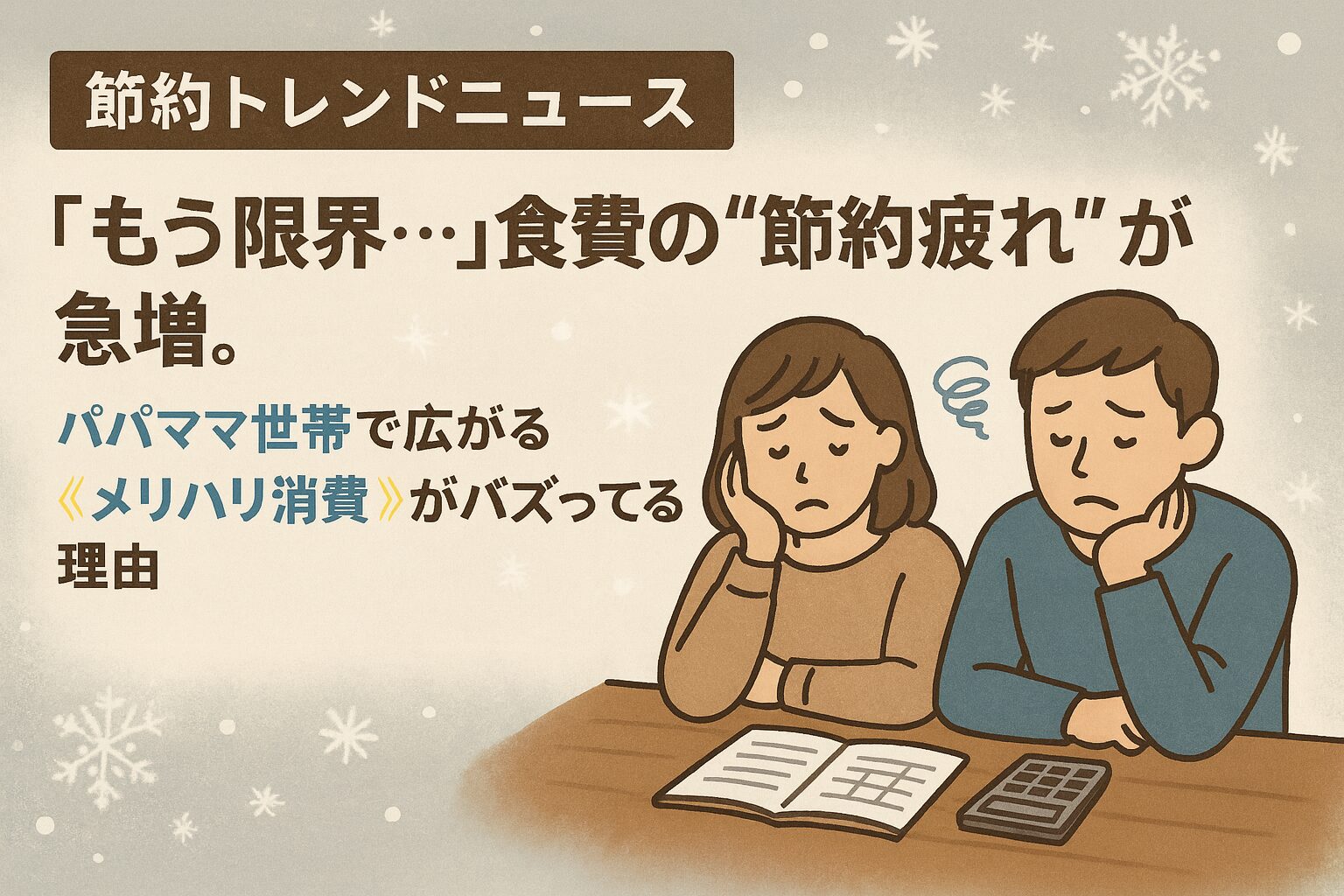 冬の節約トレンドニュース。食費の節約疲れに悩むパパママ夫婦のイラストと「もう限界…食費の節約疲れが急増」「メリハリ消費がバズっている理由」という見出しがある画像。