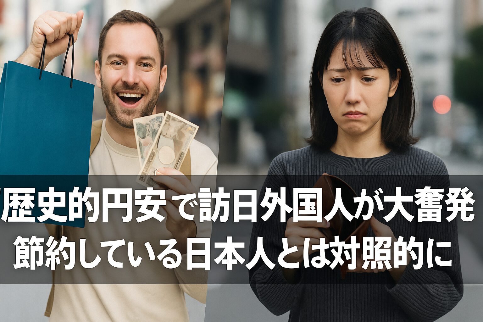 「歴史的円安で訪日外国人が大奮発する一方、日本人が節約で困っている様子を対比したアイキャッチ画像」