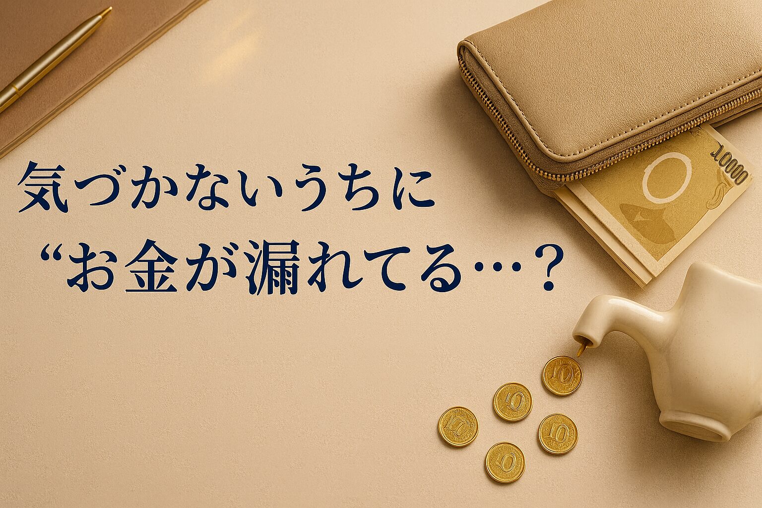 「気づかないうちにお金が漏れているイメージを表現した上品なアイキャッチ画像。ベージュの背景に財布と抽象デザインの紙幣、こぼれるコインが配置されている。」
