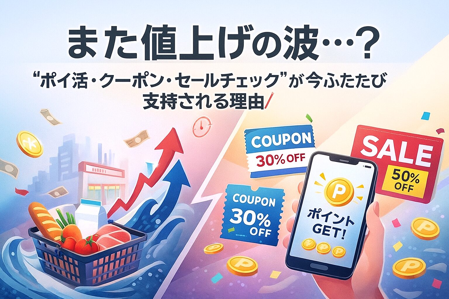 「値上げの波にのまれそうな買い物シーンと、クーポン・ポイントで節約する女性を描いたイラスト。SALEやCOUPONの文字が並び、物価高対策として“ポイ活・セールチェック”が注目されている様子を表現した横長アイキャッチ画像。」