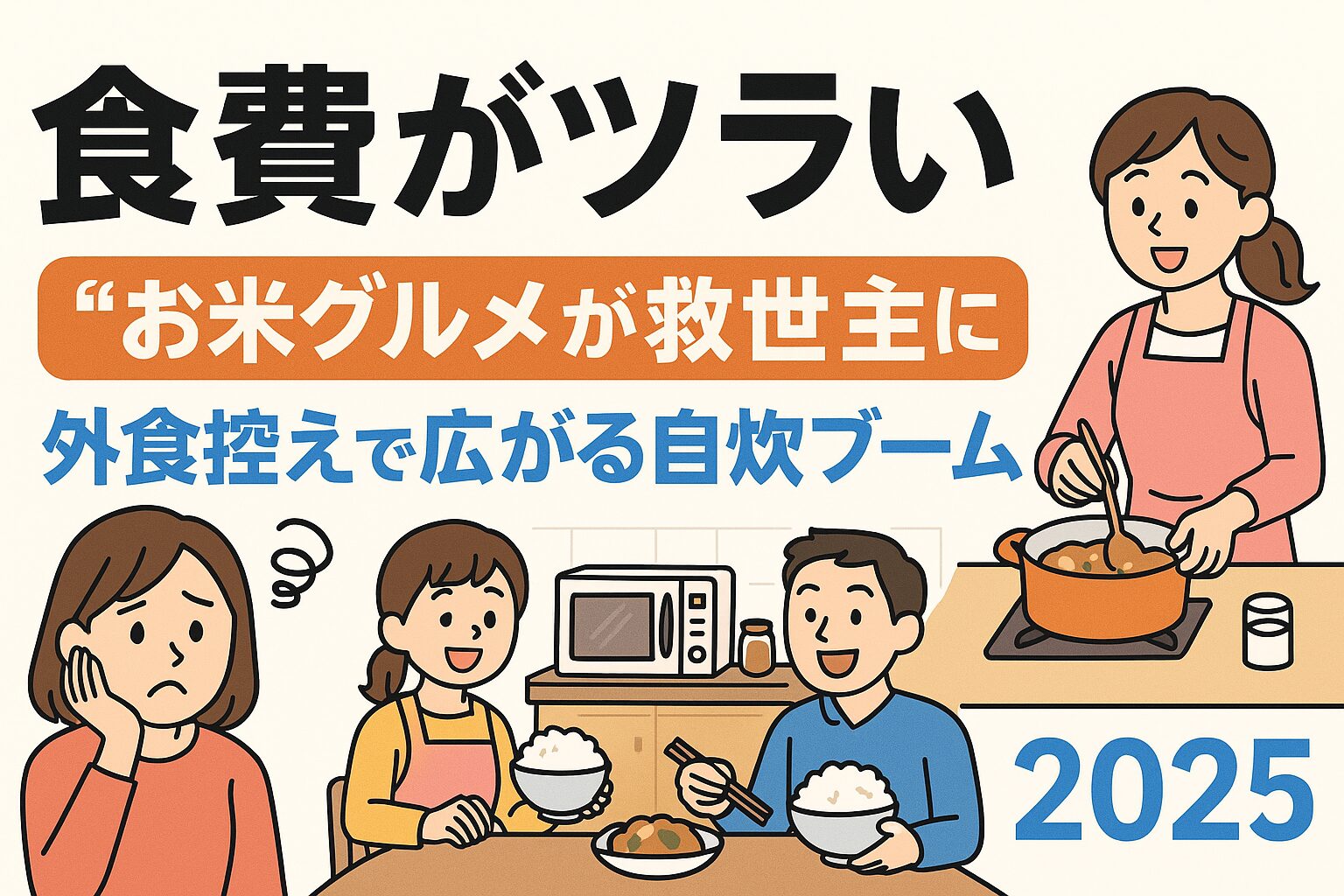 食費の高騰に悩む女性と、家庭でお米料理を囲む家族を描いた縦長イラスト。 「食費がツライ」「お米グルメが救世主」「外食控えで広がる自炊ブーム」などの文字が配置され、2025年の節約トレンドをわかりやすく表現したデザイン。