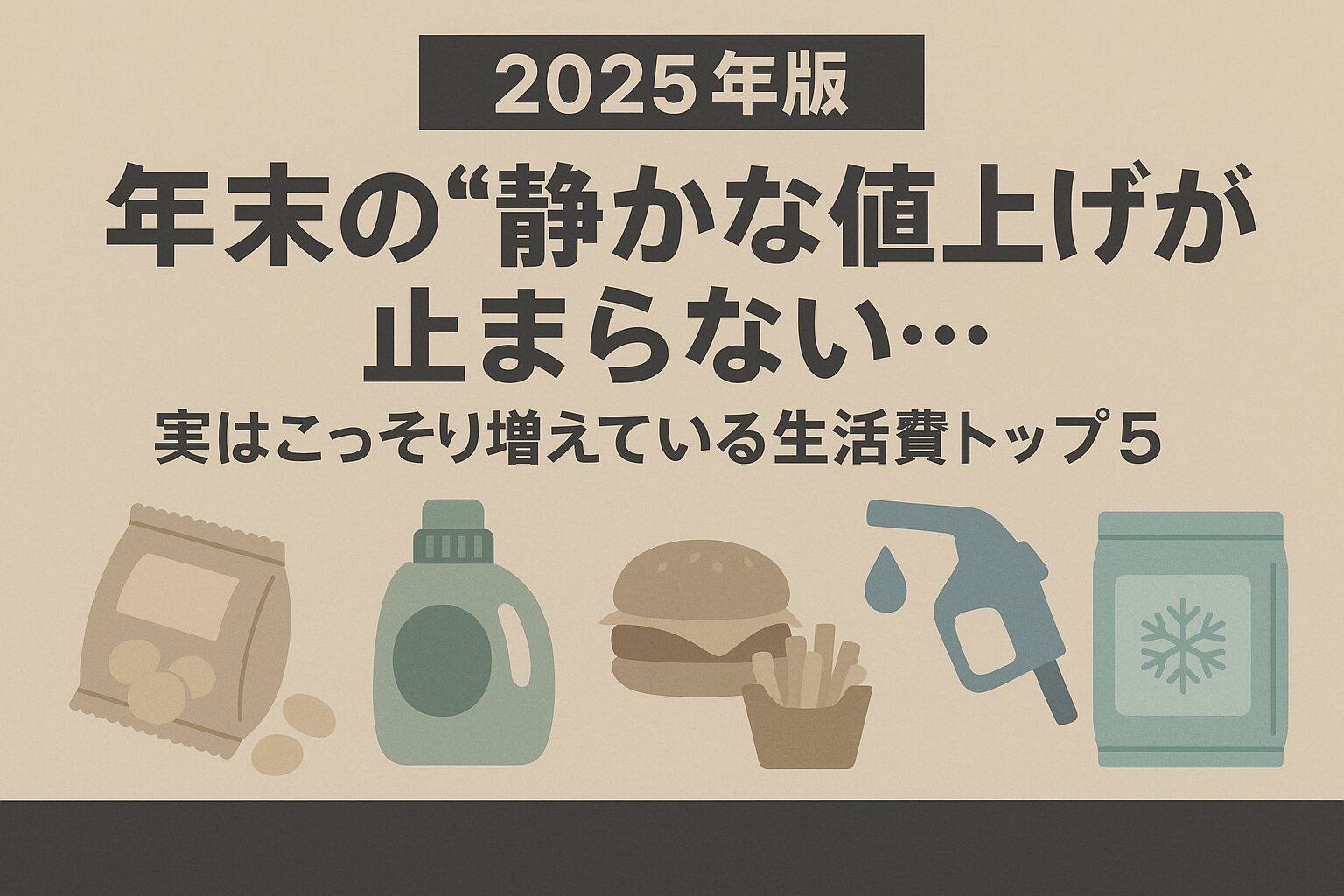 年末の“静かな値上げ”をテーマにしたニュース風アイキャッチ画像。くすみカラーの背景に「2025年版・年末の静かな値上げが止まらない」と大きく表示され、お菓子・洗剤・外食・ガソリン・冷凍食品のアイコンが並んで家計負担の増加を表現している。