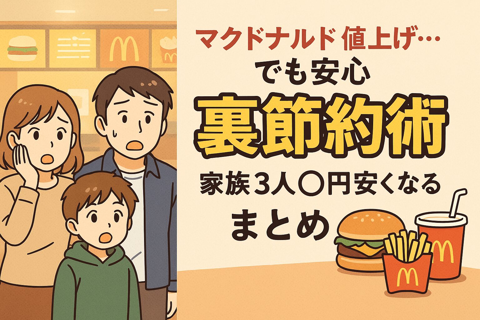 アニメ風イラストでマクドナルドの値上げに驚く家族3人と、裏節約術で家族3人が安くなることを伝えるニュース風デザインの画像