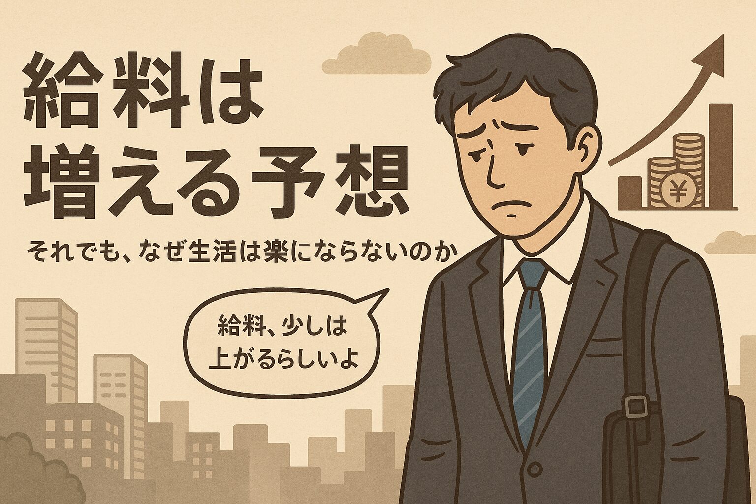 給料は増える予想なのに生活が楽にならず、ため息をつくスーツ姿の男性と、上昇グラフが描かれたニュース風イラスト
