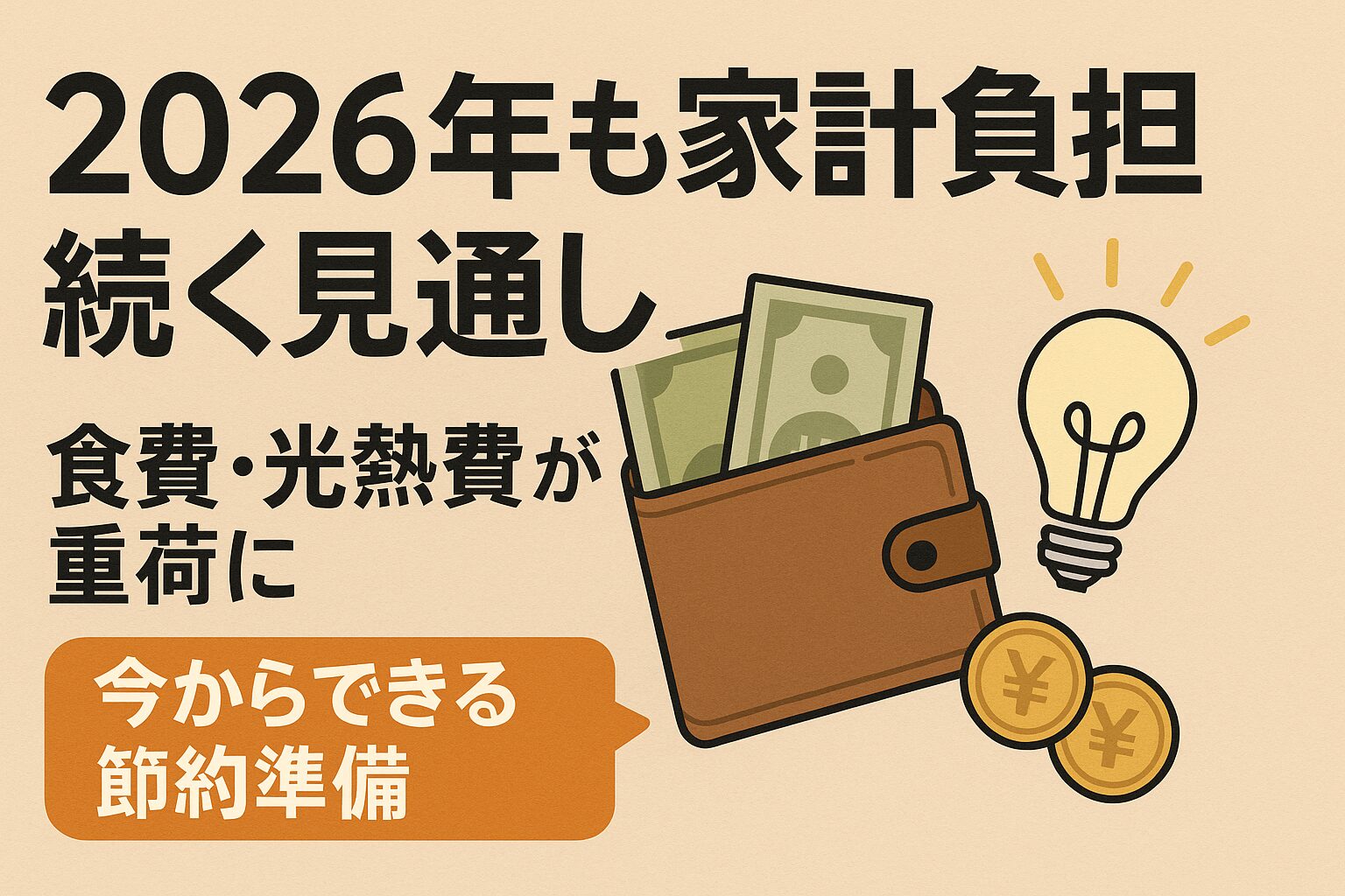 2026年も家計負担が続く見通しを伝えるニュース風アイキャッチ。財布とお金、電球のイラストで食費・光熱費の負担増と節約準備を表現した画像。