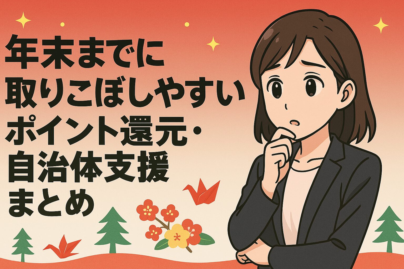 年末に見逃しやすいポイント還元や自治体支援を考える女性のイラスト。赤からベージュのグラデーション背景に、落ち着いた年末らしいモチーフが配置された清潔感のあるデザイン。