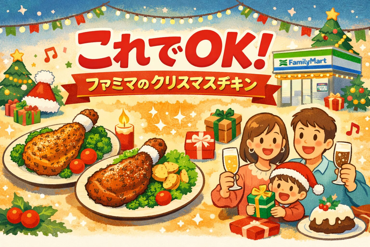 「ファミリーマートのクリスマス限定チキンを囲んで家族が笑顔で食卓を楽しむ、温かいクリスマスのイラスト」