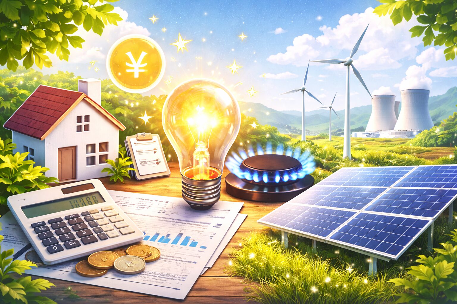 電気代の仕組みを表現したイラスト。家、電卓、電球、ガスコンロ、太陽光パネル、風力発電、原子力発電所が並び、発電・燃料・家庭の関係を視覚的に示している。