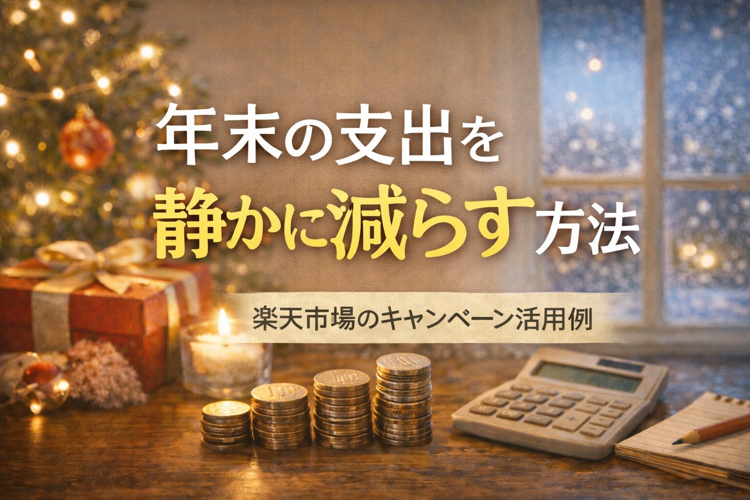 年末の支出を静かに減らす方法をテーマに、コインと電卓、プレゼントが並ぶ落ち着いた年末の節約イメージ画像