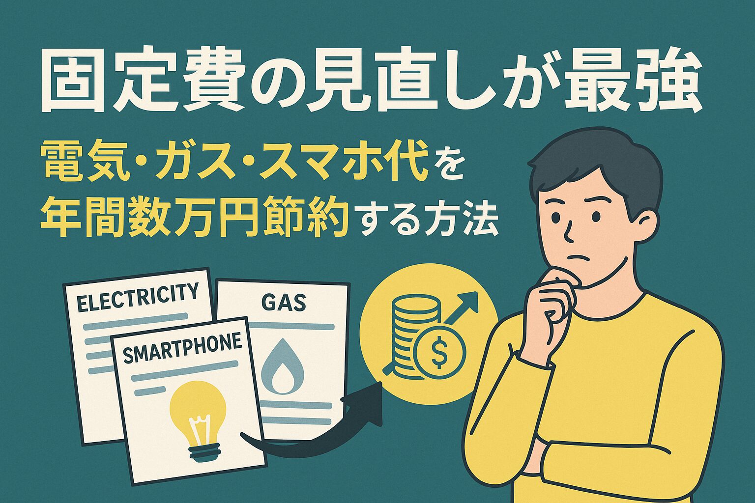 固定費の見直しで年間数万円を節約する方法を紹介する縦長インフォグラフィック。電気・ガス・スマホ代の請求書イラストと、節約を考える人物が描かれた節約アイデア画像。