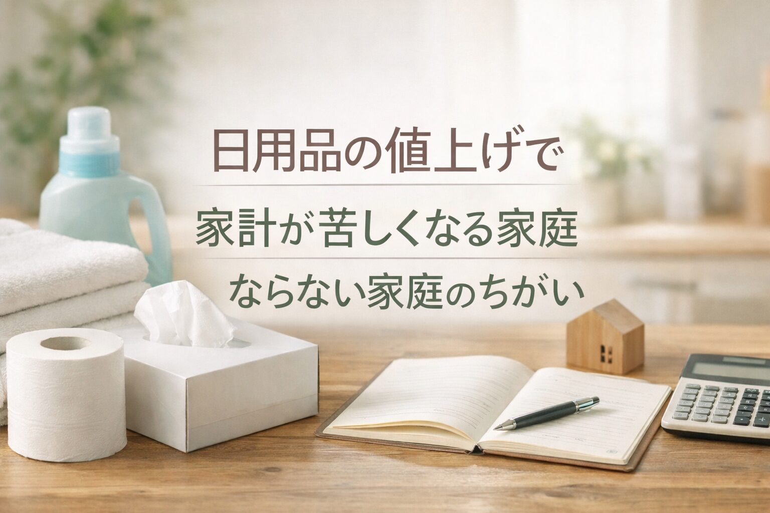 日用品の値上げをテーマに、洗剤やティッシュ、ノートなどの生活必需品が並ぶ落ち着いたキッチン背景に「家計が苦しくなる家庭 ならない家庭のちがい」という文字が入った横長アイキャッチ画像