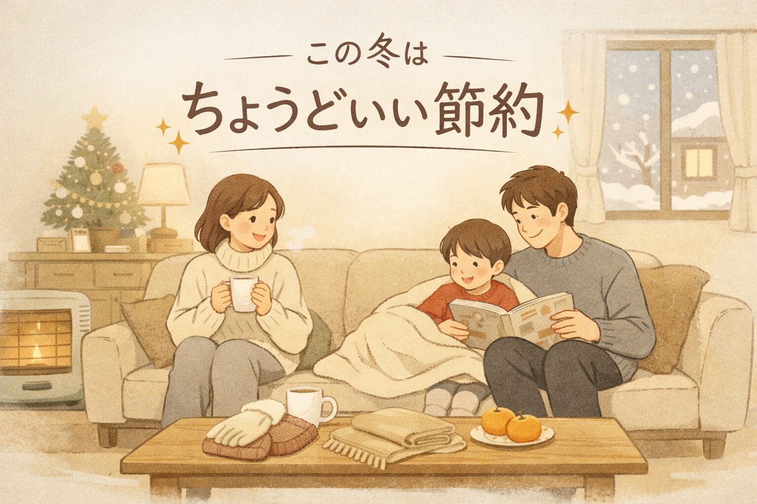 冬のリビングで、あたたかい部屋着を着た家族がソファに座り、くつろいで過ごしているイラスト。上部に「この冬は ちょうどいい節約」という文字が描かれている。
