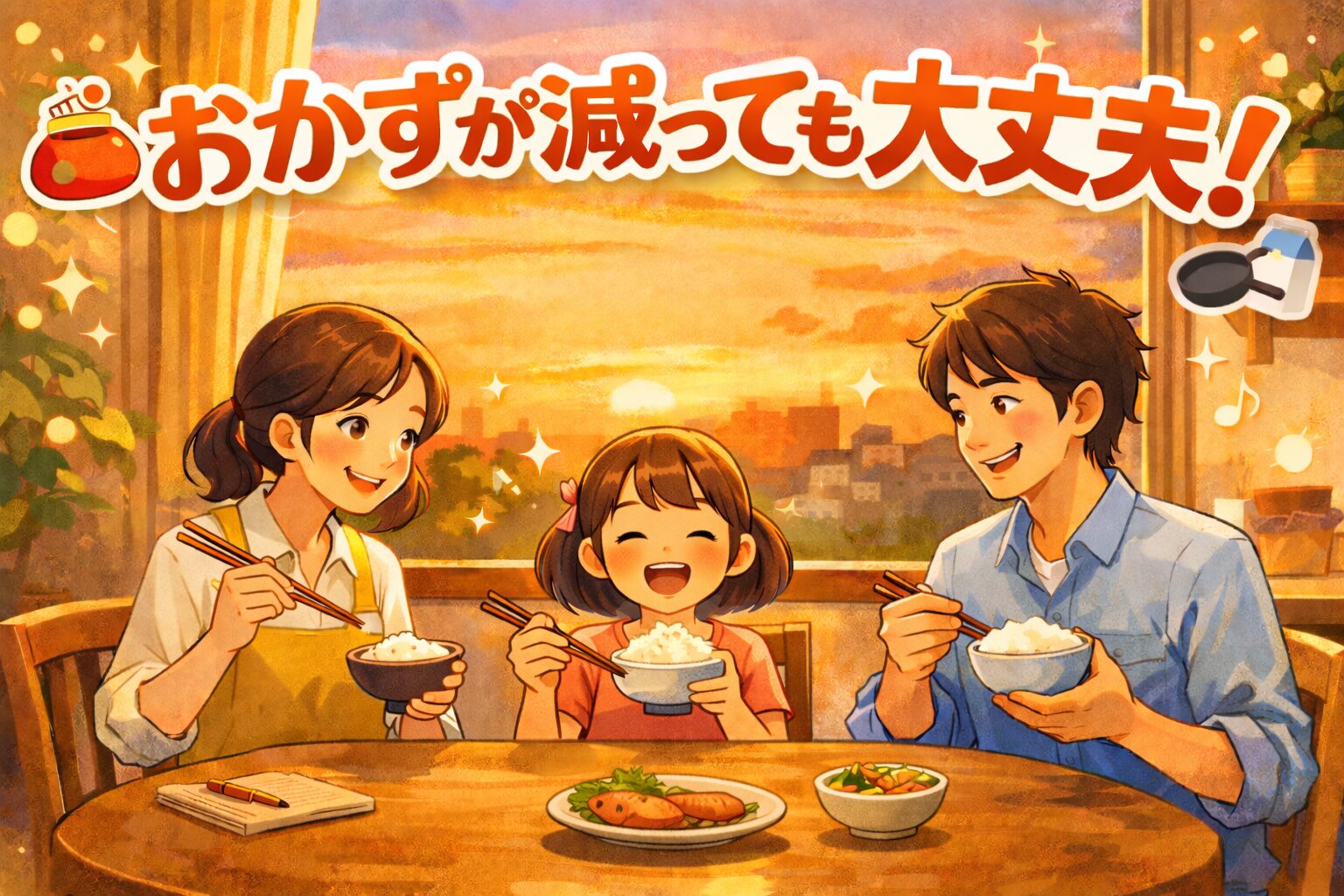 夕暮れのダイニングで、少ないおかずとご飯を囲み、笑顔で食事をする日本の家族3人のイラスト。物価高でも前向きに暮らす様子を表現した温かい雰囲気の画像。