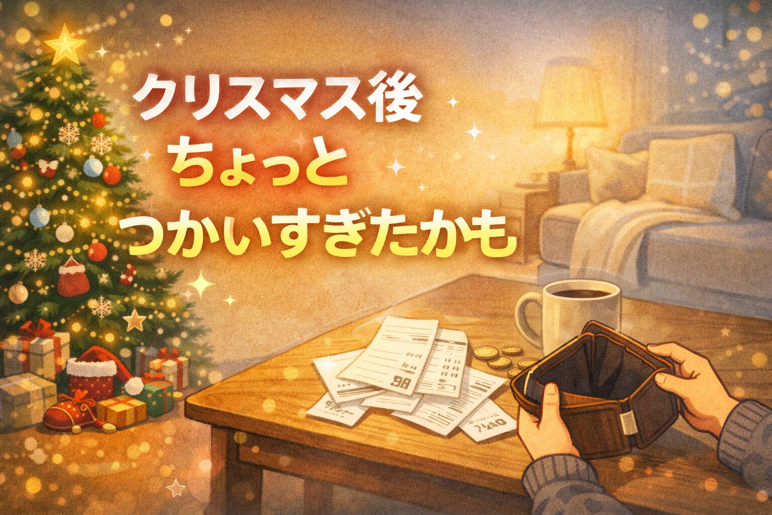 クリスマス後、レシートと空の財布を前に「ちょっと使いすぎたかも」と感じる家庭のリビング風景