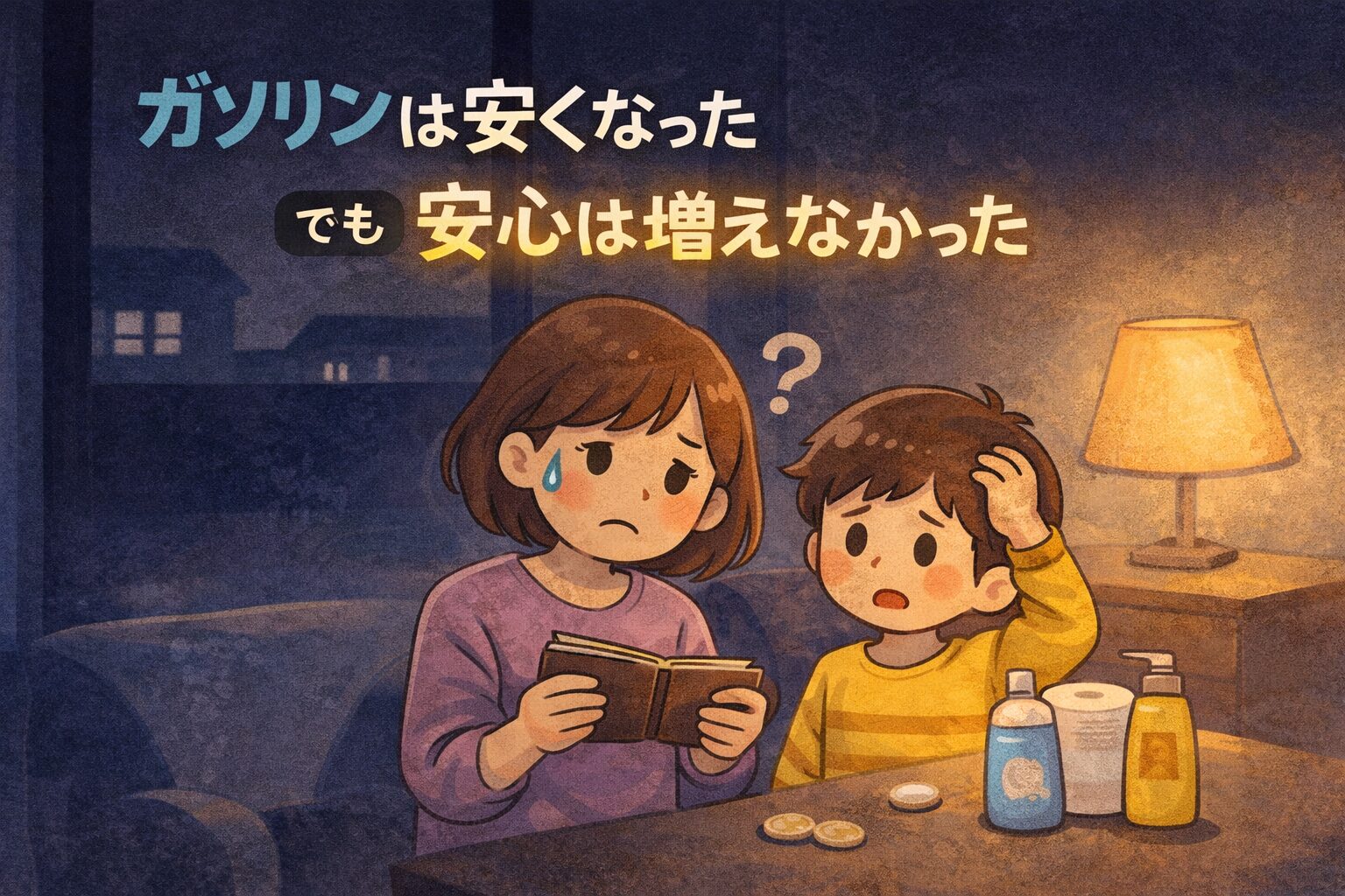 夜のリビングで、家計簿を見て悩む母親と不安そうな子ども。ガソリンは安くなったが、生活費の負担は減らず安心できない家庭の様子を描いたイラスト。