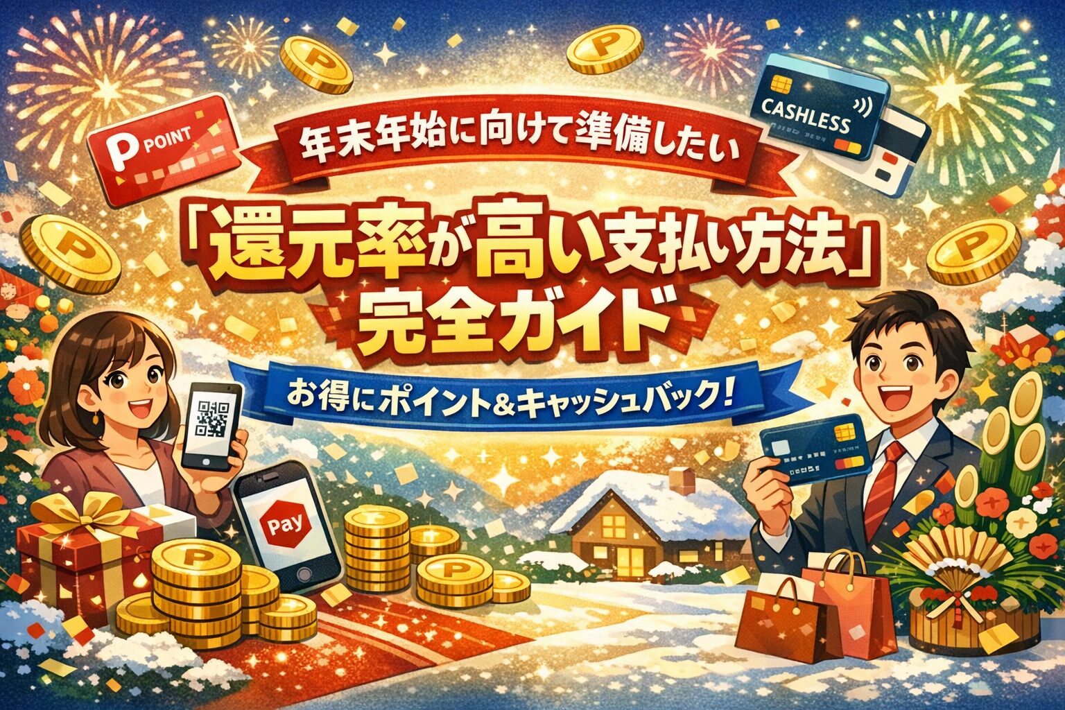 年末年始に向けて、ポイントカードやQRコード決済、クレジットカードなど還元率の高い支払い方法をわかりやすく紹介するイラスト。キャッシュレス決済でお得に買い物する家族の様子と、ポイント還元をイメージしたデザイン。
