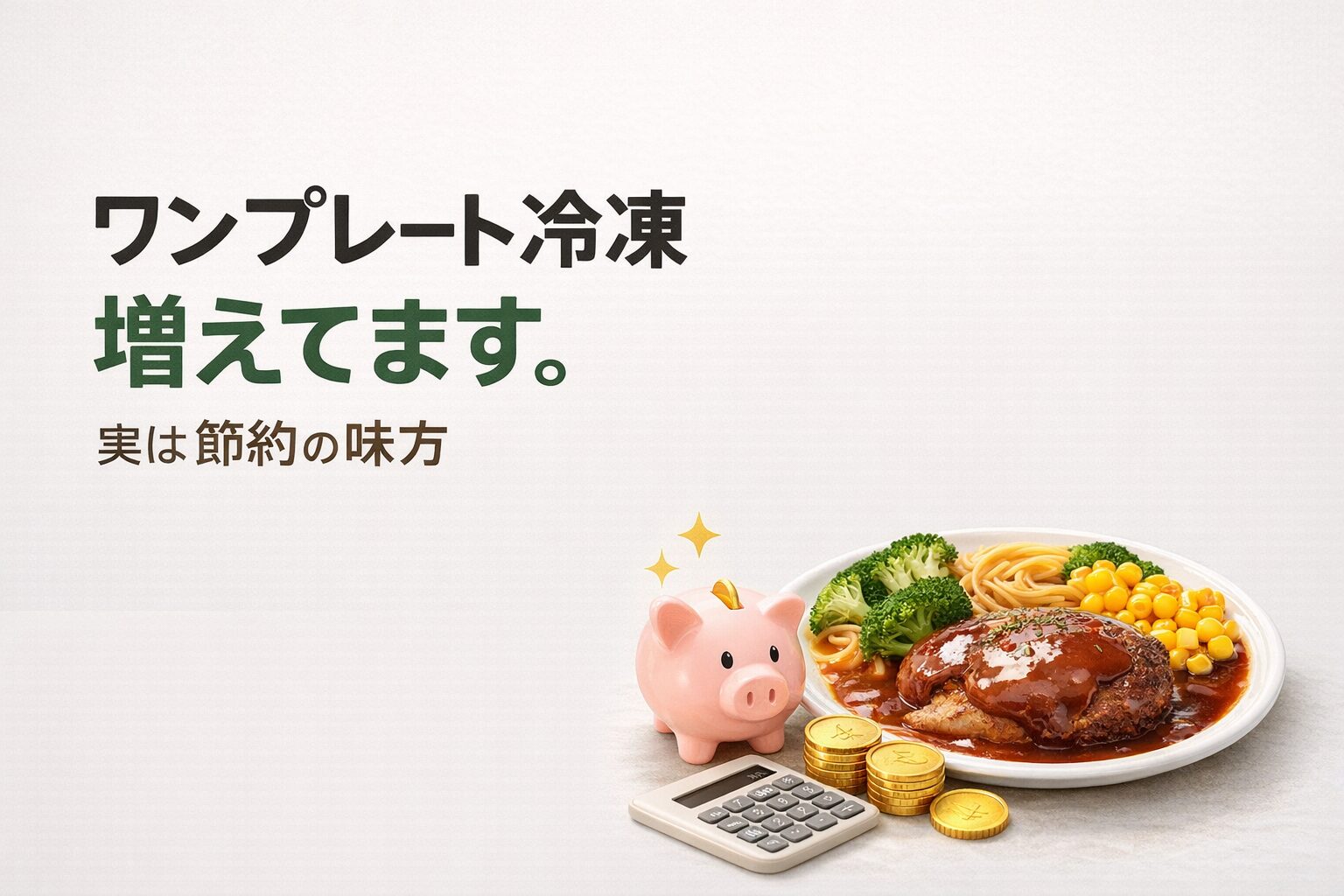 ワンプレート冷凍食品のハンバーグプレートと貯金箱・電卓を配置し、節約につながる食事を表現したミニマルデザインのイメージ画像