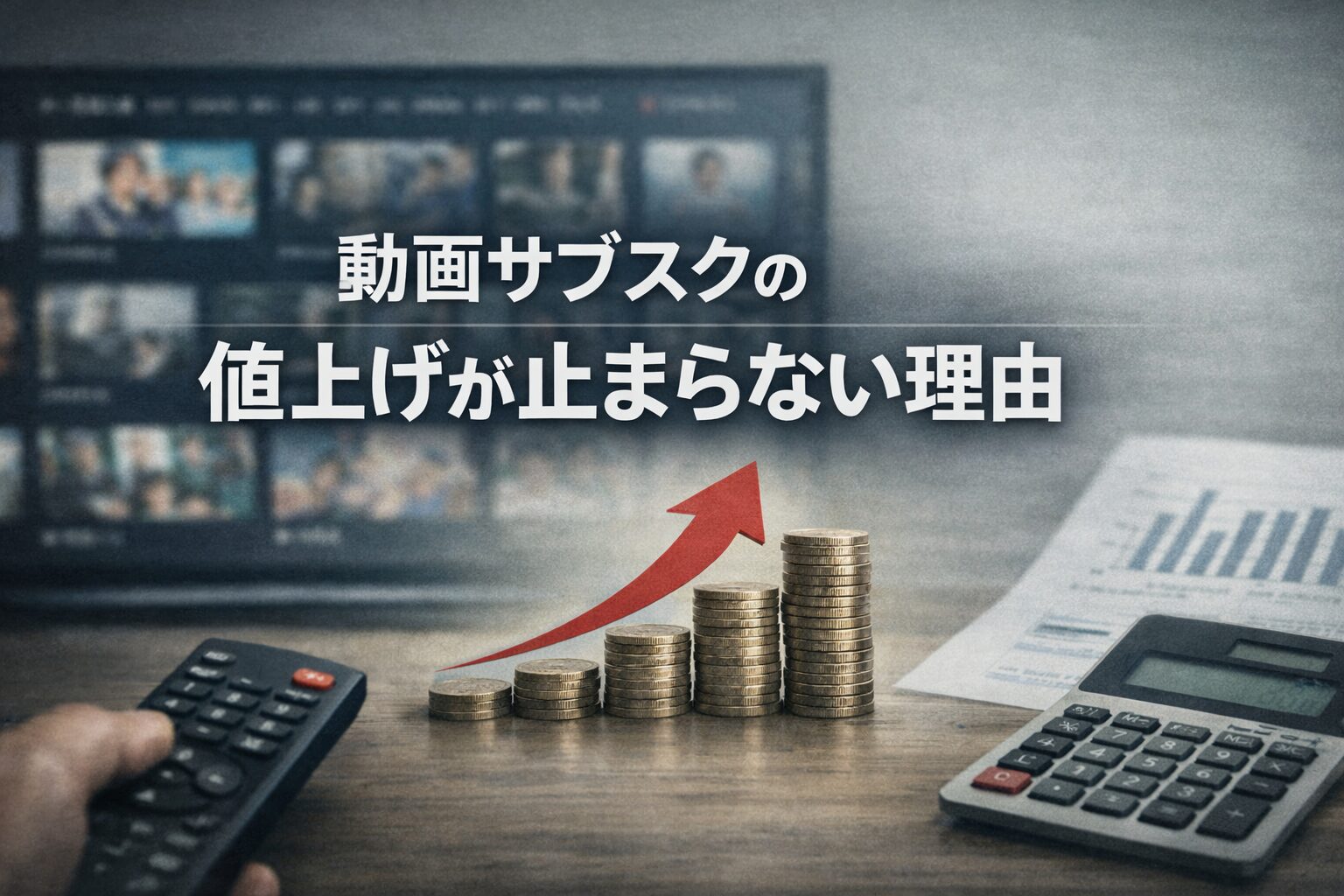 動画配信サービスの料金が上昇している背景をイメージしたイラスト。テレビ画面、計算機、積み上がるコインと上向きの矢印で、動画サブスクの値上げ傾向を静かに表現している。