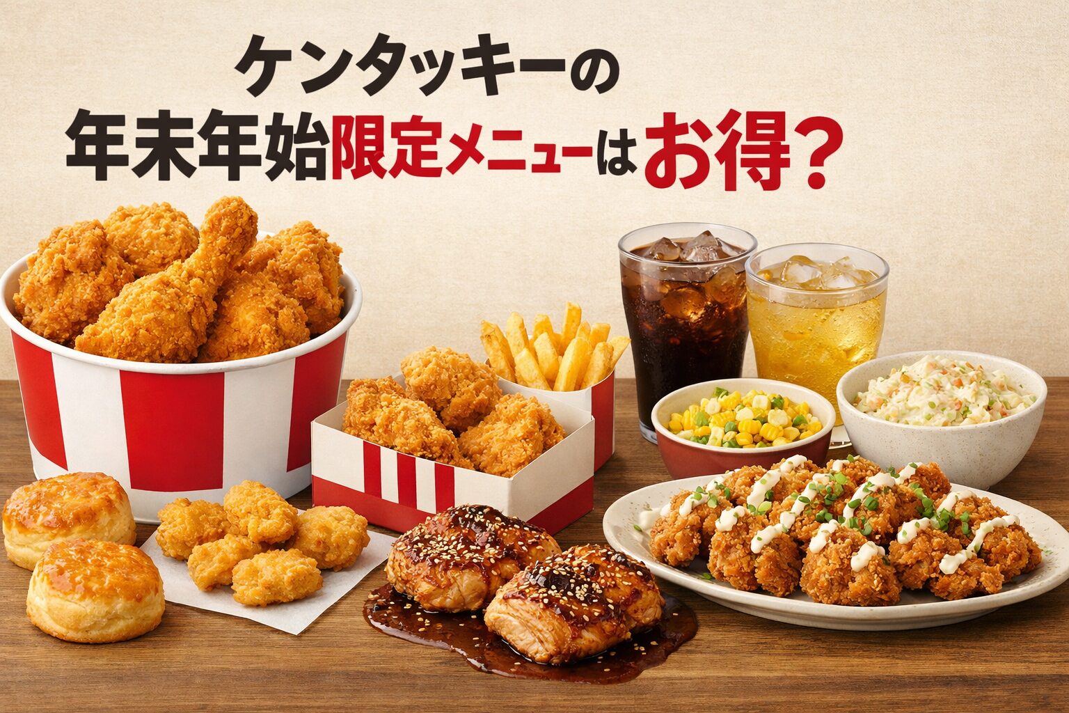 ケンタッキー・フライド・チキンの年末年始限定メニューをイメージした横長ビジュアル。期間限定セットが本当にお得かを中立的に検証するためのイメージ画像。