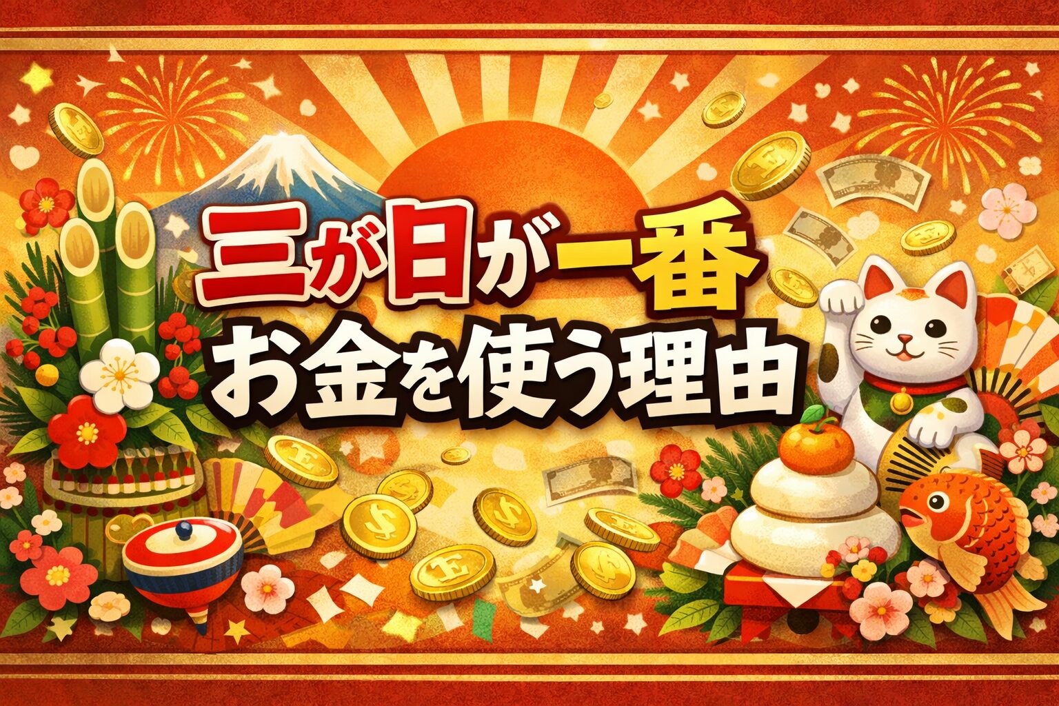 三が日に人々が最もお金を使ってしまう理由をテーマにした、お正月モチーフの横長ビジュアル。初日の出や縁起物、舞う硬貨が描かれている。