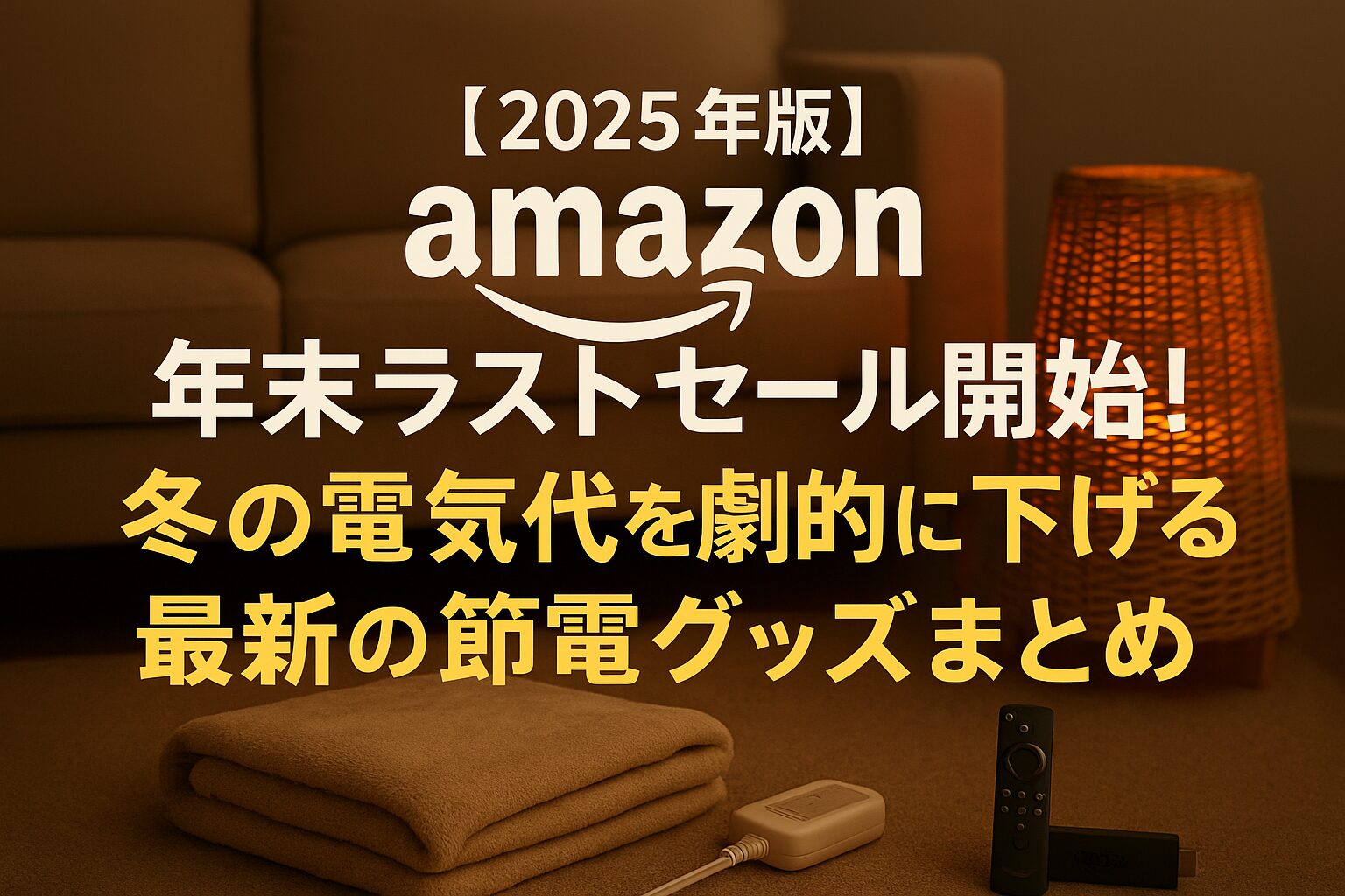 「Amazon年末ラストセールで注目の節電グッズを紹介する横長アイキャッチ画像。暖色の部屋と電気毛布が並び、冬の電気代対策をイメージした温かな雰囲気のデザイン。」