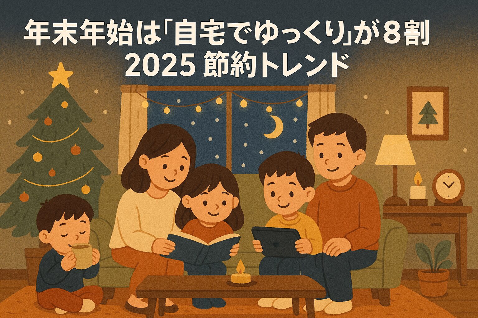 「冬のリビングで家族がゆっくり過ごす年末年始の様子を描いた可愛いイラスト。自宅で節約しながら温かい時間を楽しむ家庭の雰囲気。」