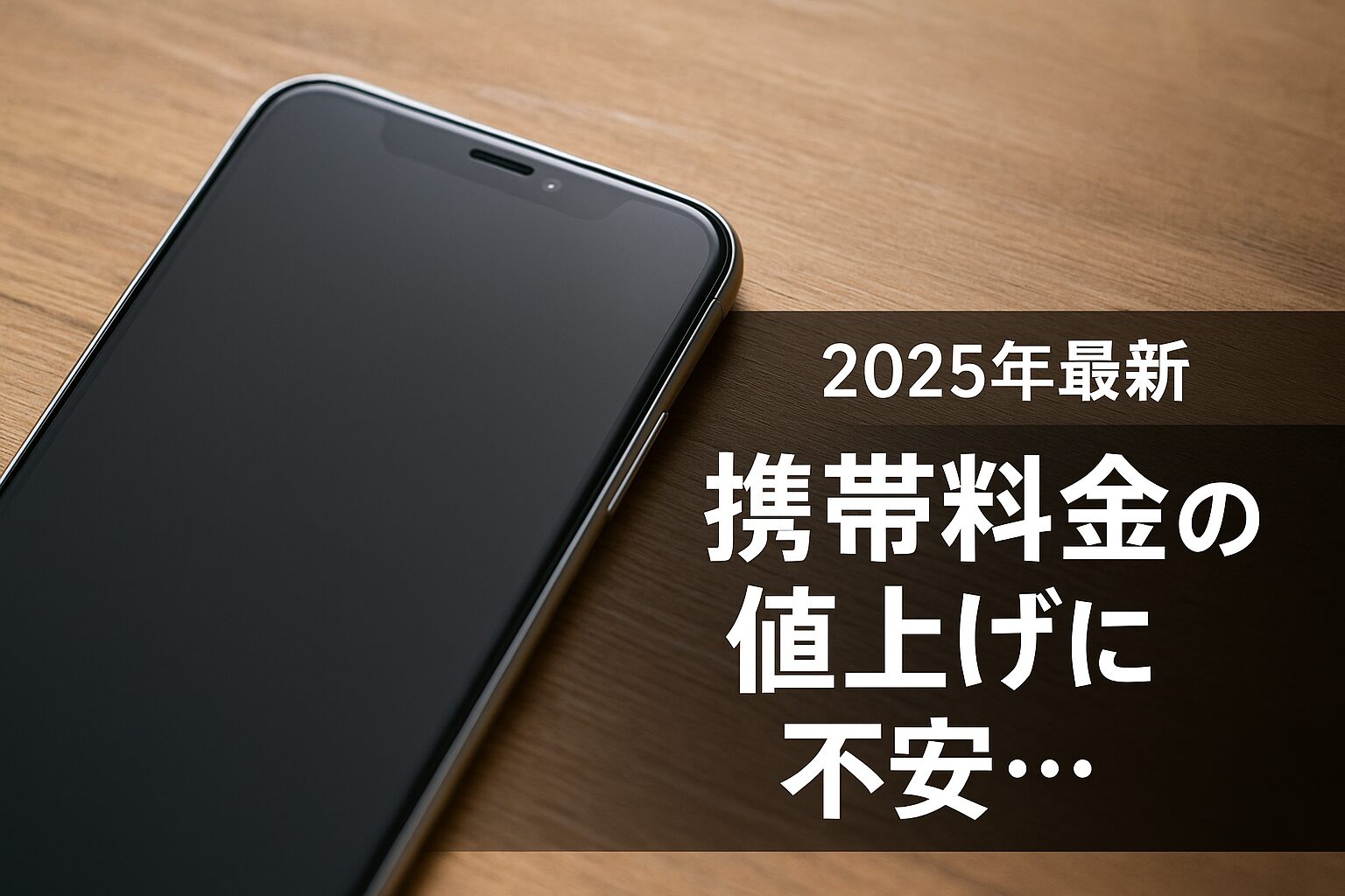 木目のデスクに置かれたスマートフォンと、半透明の黒帯に白文字で「2025年最新・携帯料金の値上げに不安…」と書かれたニュース風デザインのアイキャッチ画像。