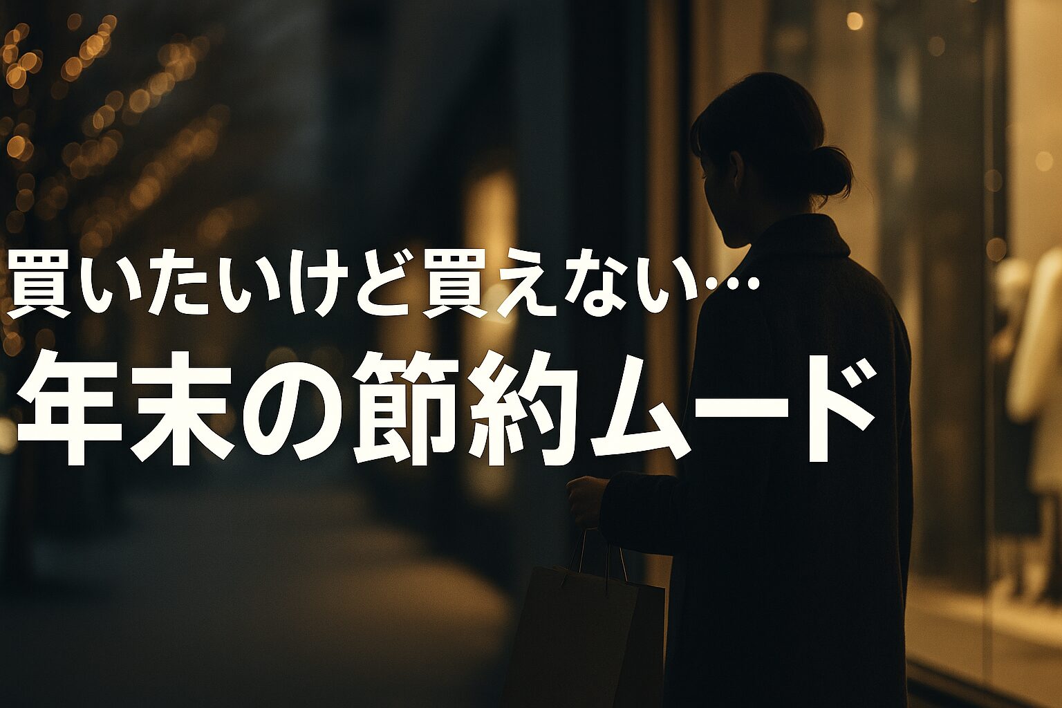 年末のイルミネーションが灯る街で、ショーウィンドウの前に立ち止まり“買いたいけど買えない”とためらいを感じる女性のシルエットを写した節約ムードを表す横長イメージ。