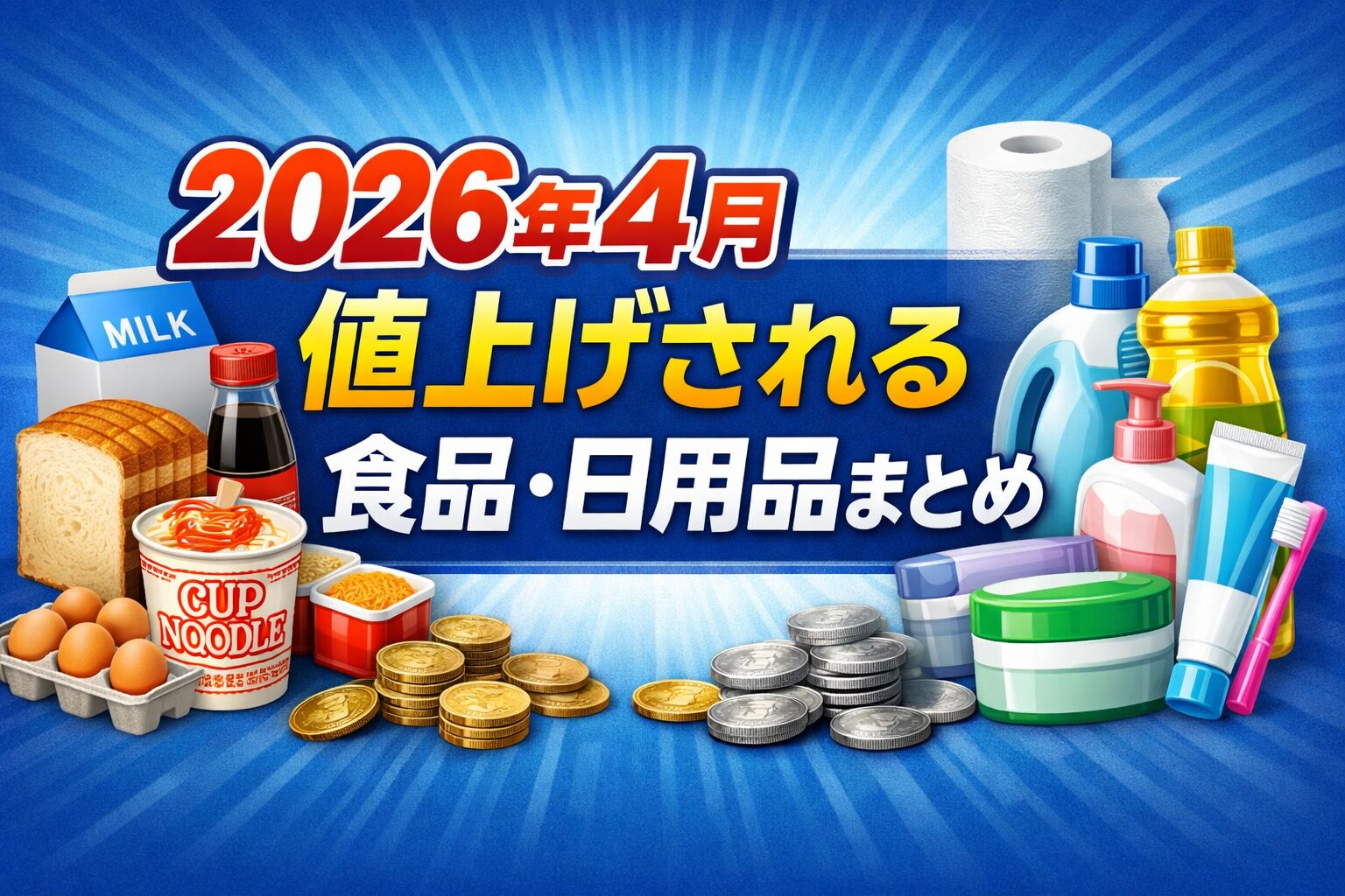 2026年4月に値上げされる食品・日用品をまとめた横長アイキャッチ画像。パン、牛乳、カップ麺、洗剤、トイレットペーパーなどのイラストと「2026年4月 値上げされる 食品・日用品まとめ」という文字が入っている。