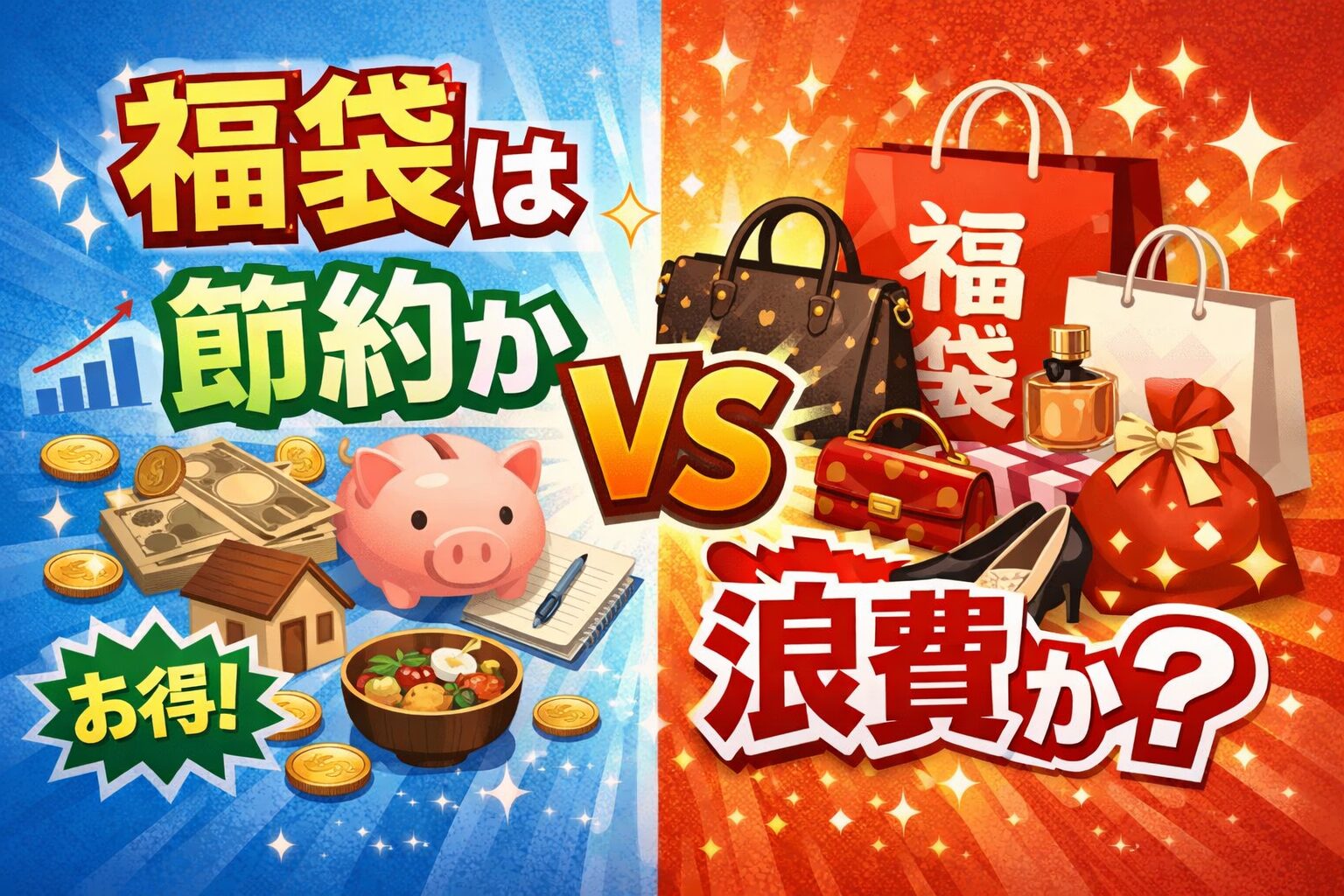 福袋は節約か浪費かをテーマに、貯金やお得を象徴する青色背景と、ブランド品や買い物袋を描いた赤色背景を左右に分けて比較したイラスト