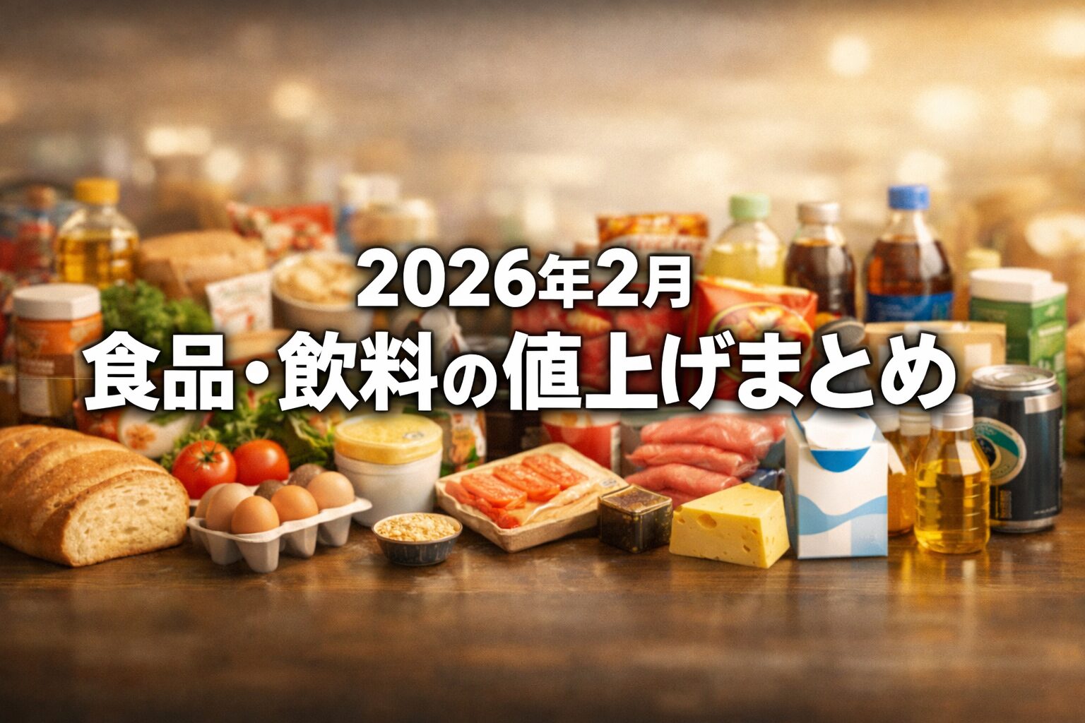 「2026年2月 食品・飲料の値上げまとめ」の文字が大きく表示された横長バナー。食品や飲料の写真（パン、卵、チーズ、肉、飲料ボトルなど）が背景に並んでいる。