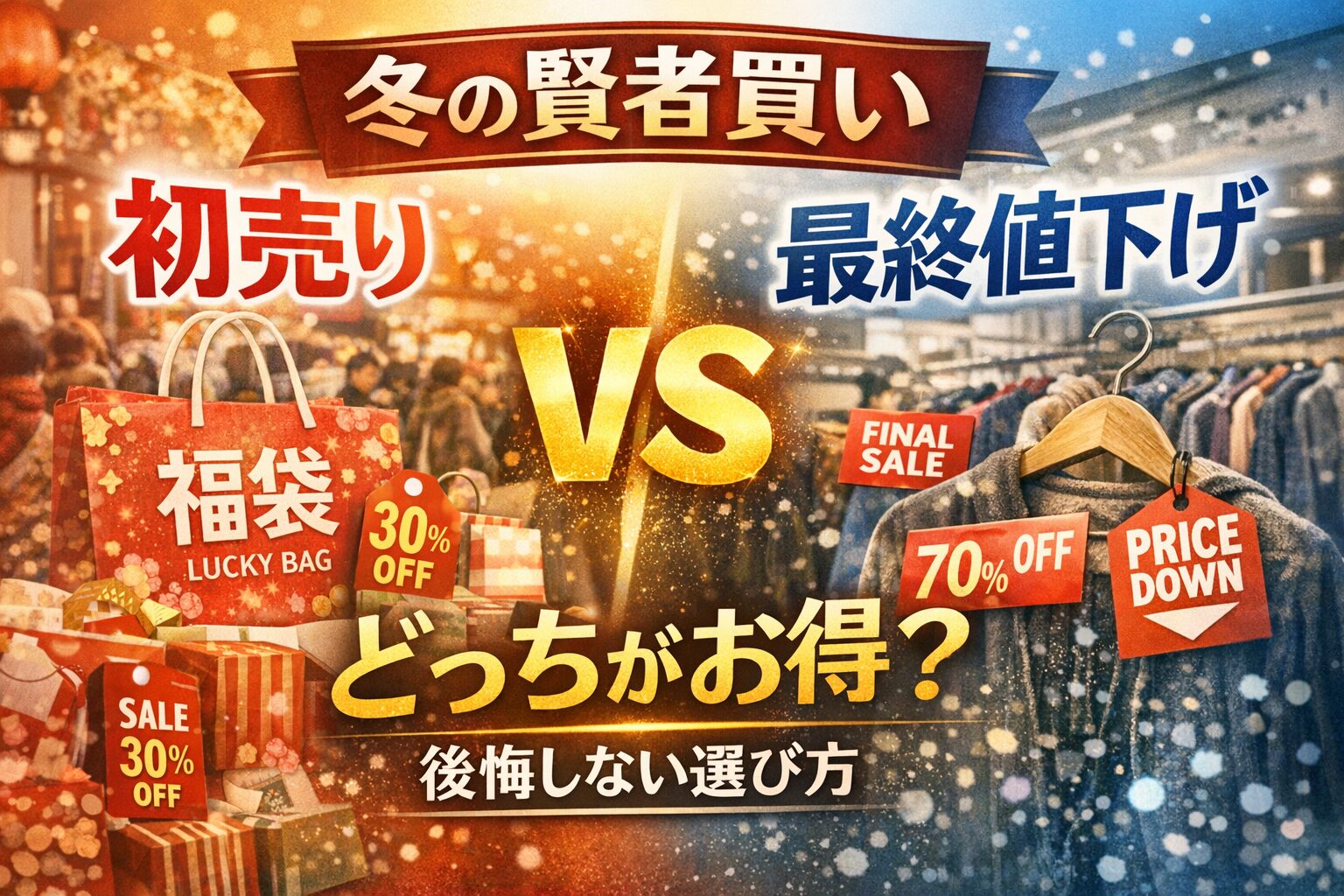 初売りと最終値下げを比較する横長ビジュアル。福袋や割引タグを背景に、どちらがお得かを問いかける節約テーマの画像
