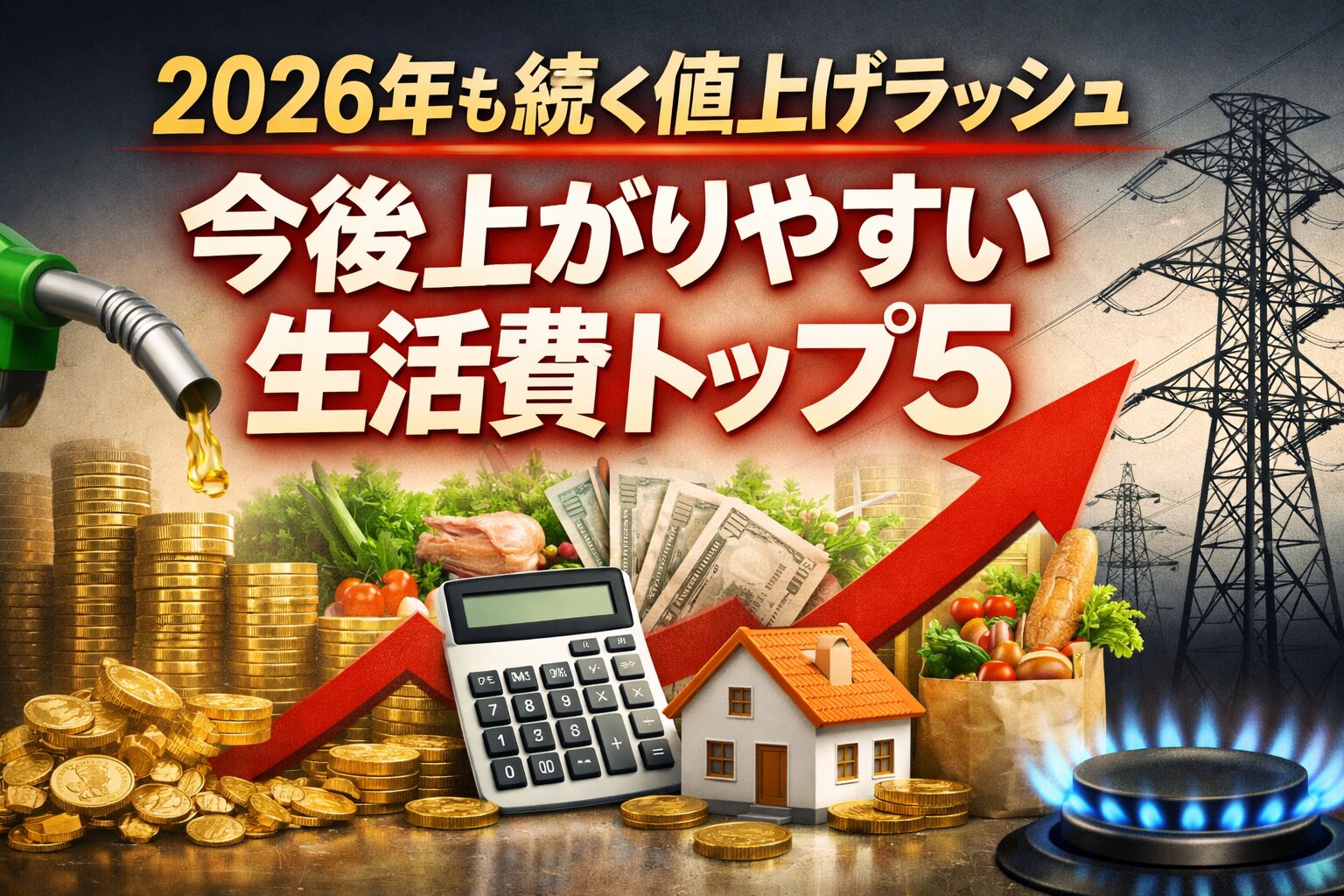 2026年も続く値上げラッシュをテーマに、ガソリン、電気、食費、住宅、生活費の上昇をイメージした横長ビジュアル。コインや電卓、家、赤い上昇矢印が配置されている。