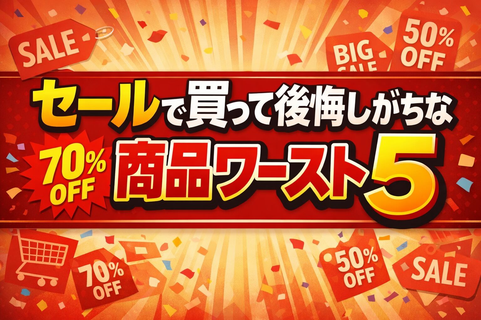 セールで買って後悔しがちな商品ワースト5をテーマにした横長アイキャッチ画像