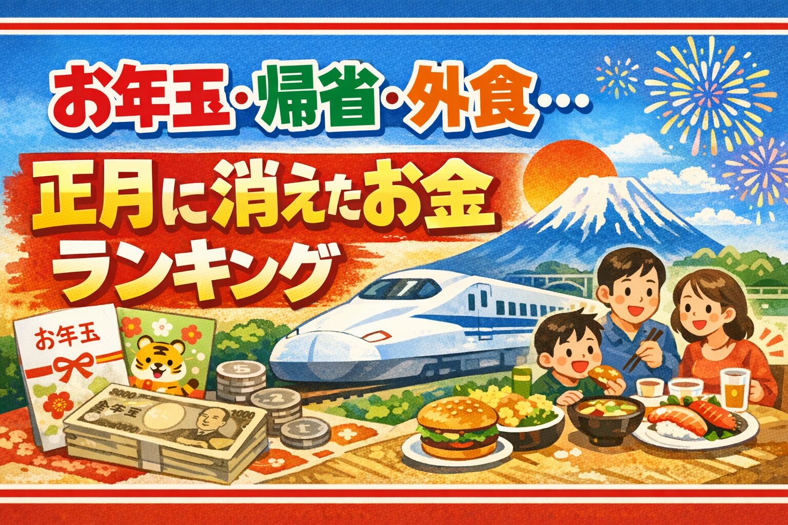 お年玉・帰省・外食など正月に出費が集中する様子を、家族の食事風景と新幹線、富士山のイラストで表したランキング用アイキャッチ画像