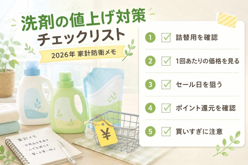 2026年の洗剤値上げ対策をまとめたチェックリスト画像。詰替用確認、1回あたりの価格確認、セール日、ポイント還元、買いすぎ注意を紹介。