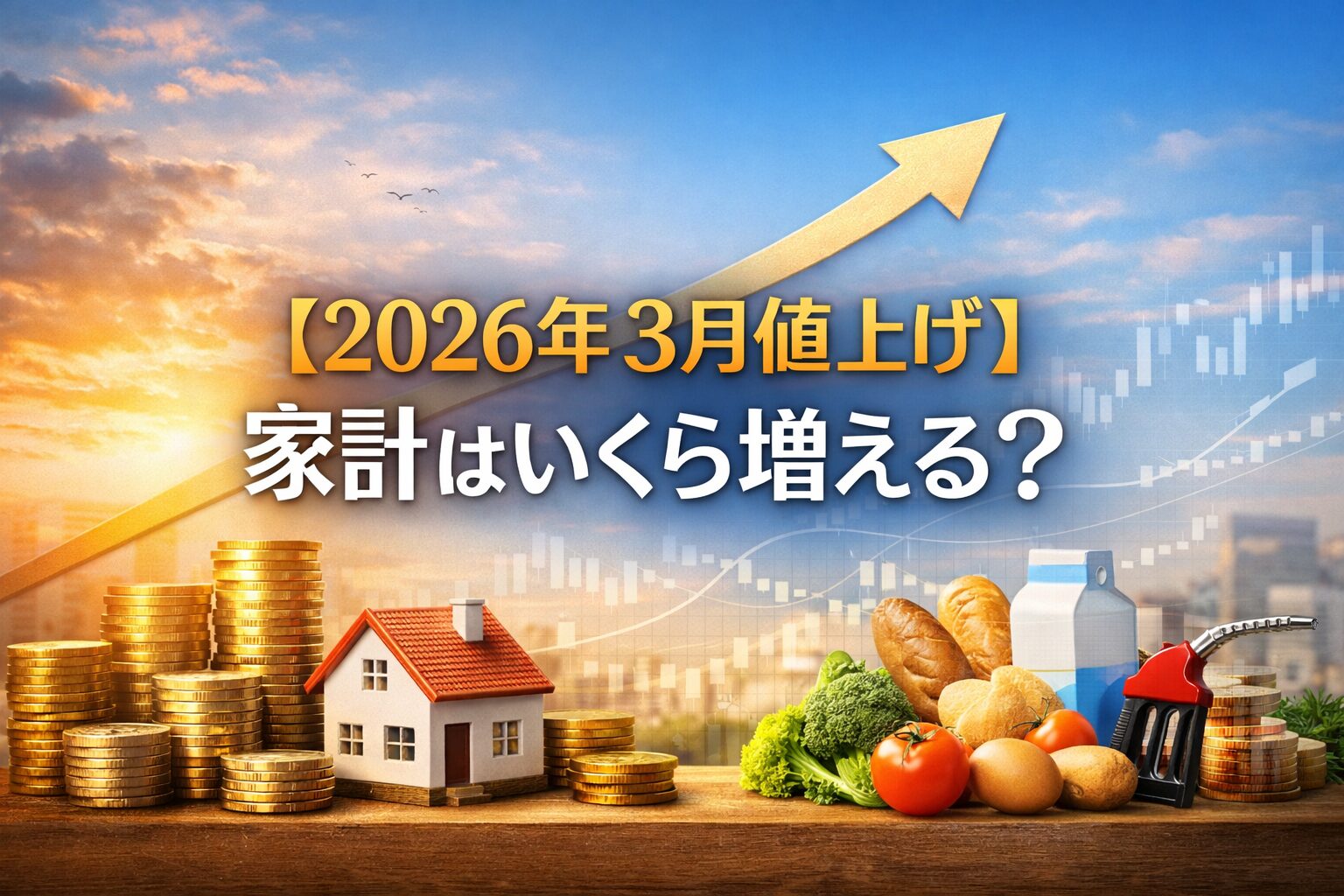 2026年3月の値上げで家計負担がどれくらい増えるのかをイメージした横長画像。コインや住宅、食料品と上昇矢印が描かれている。