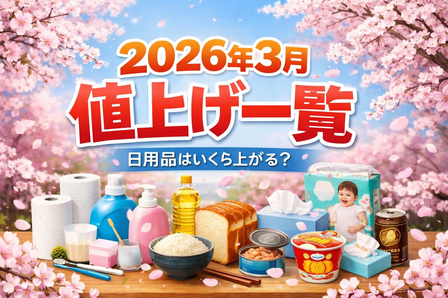 2026年3月の値上げ一覧を紹介する横長画像。桜の背景にトイレットペーパー、洗剤、食用油、ティッシュ、紙おむつ、缶詰、パン、米など多様な日用品が並び「値上げ一覧」を大きく強調したデザイン。