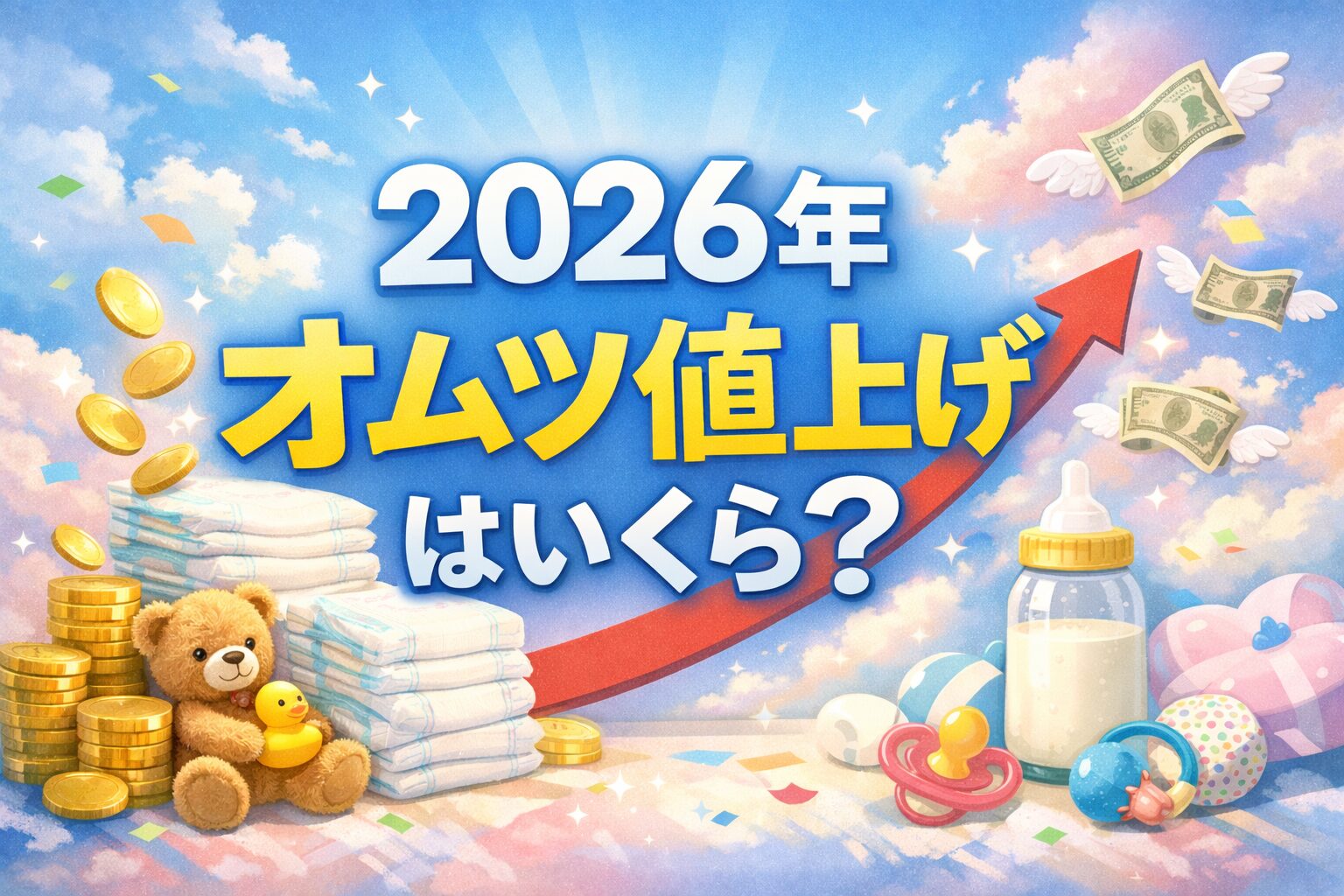 2026年オムツ値上げはいくら？と大きく表示された横長バナー。オムツの山と赤い上昇矢印、コインやベビー用品が配置された家計イメージ画像。
