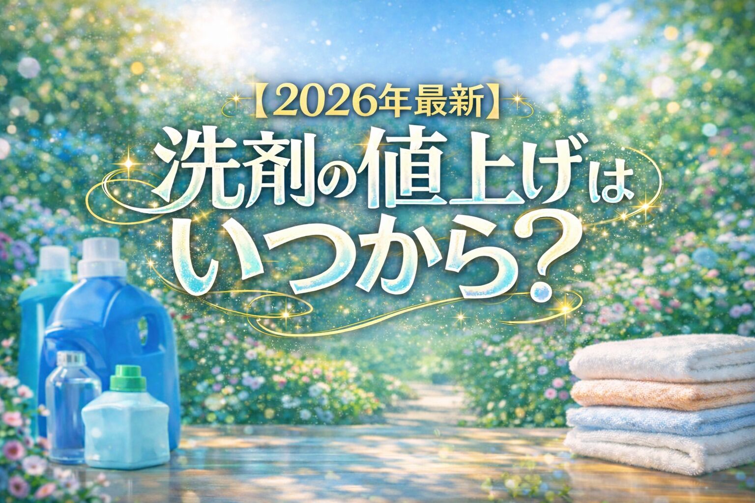 2026年最新の洗剤値上げはいつから？と大きく表示された横長バナー画像。春の花畑背景に洗剤ボトルとタオルが配置されたデザイン。