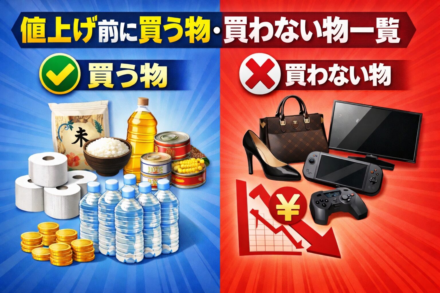 値上げ前に買う物・買わない物一覧。左に「買う物（生活必需品）」、右に「買わない物（贅沢品・不要品）」を対比した横長アイキャッチ。