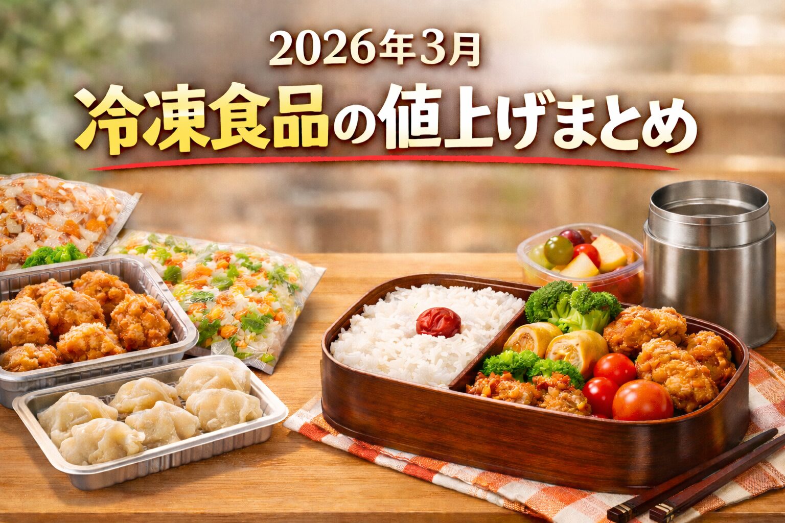 2026年3月 冷凍食品の値上げまとめの文字が大きく入った横長バナー。冷凍唐揚げや餃子、冷凍野菜などの冷凍食品と、お弁当が並ぶテーブル背景。