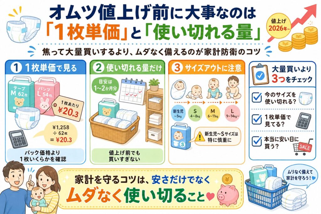 オムツ値上げ前に大事なポイントとして、1枚単価・使い切れる量・サイズアウト注意をまとめた家計防衛の画像