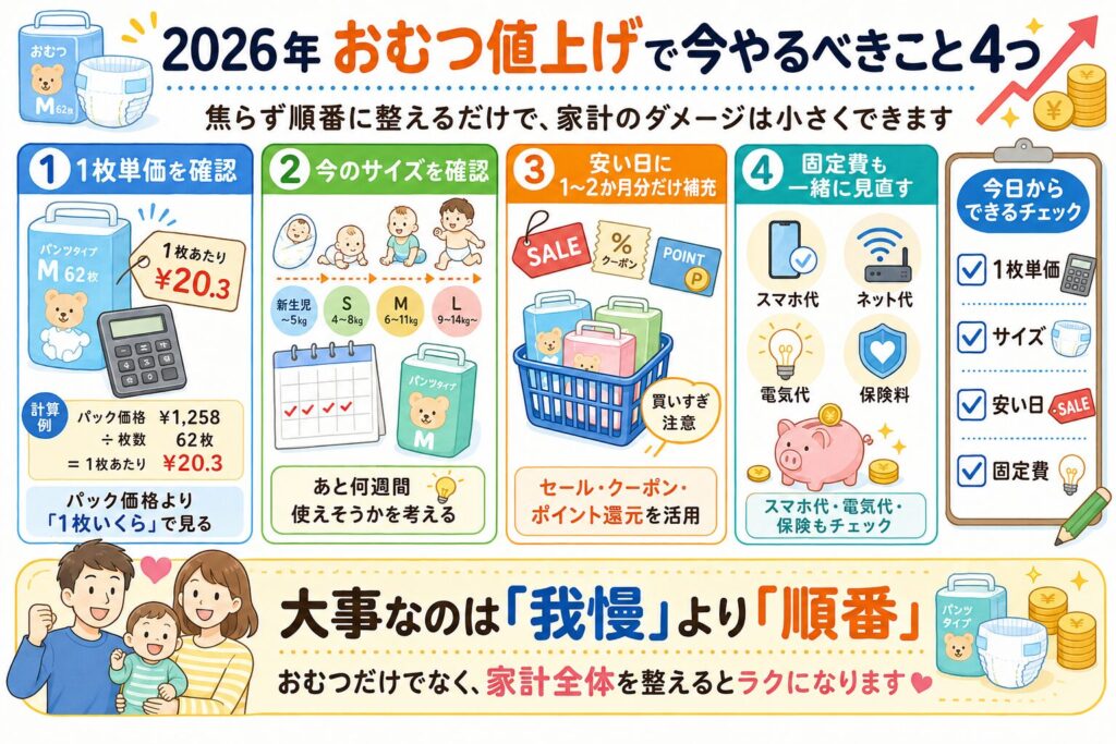 2026年のおむつ値上げで今やるべきこととして、1枚単価の確認、サイズ確認、安い日の補充、固定費見直しをまとめたオムツ家計対策の画像