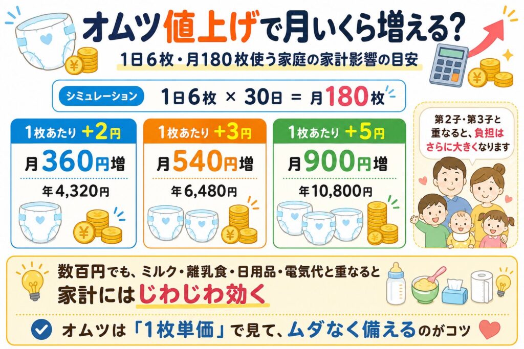 おむつ値上げで月いくら増えるかを、1日6枚・月180枚使う家庭を例に、オムツ代の家計影響としてまとめた画像