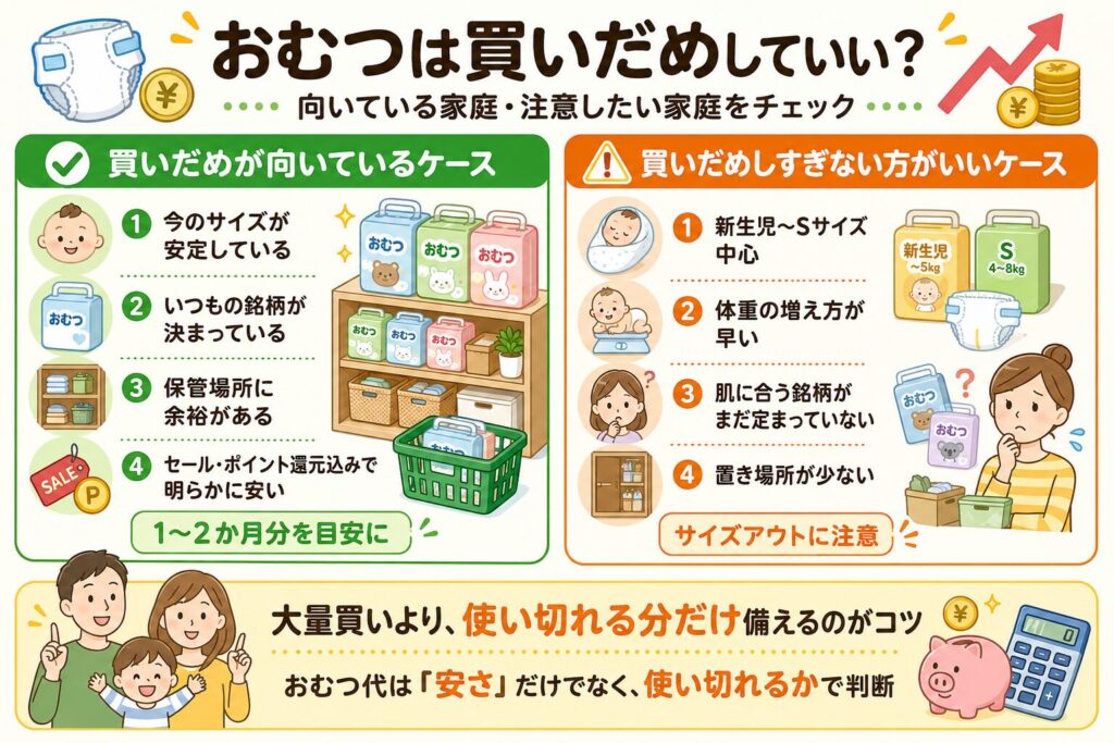 おむつを買いだめしてよい家庭と、オムツを買いだめしすぎない方がよい家庭の違いを、サイズ・銘柄・保管場所・セール条件で整理した画像