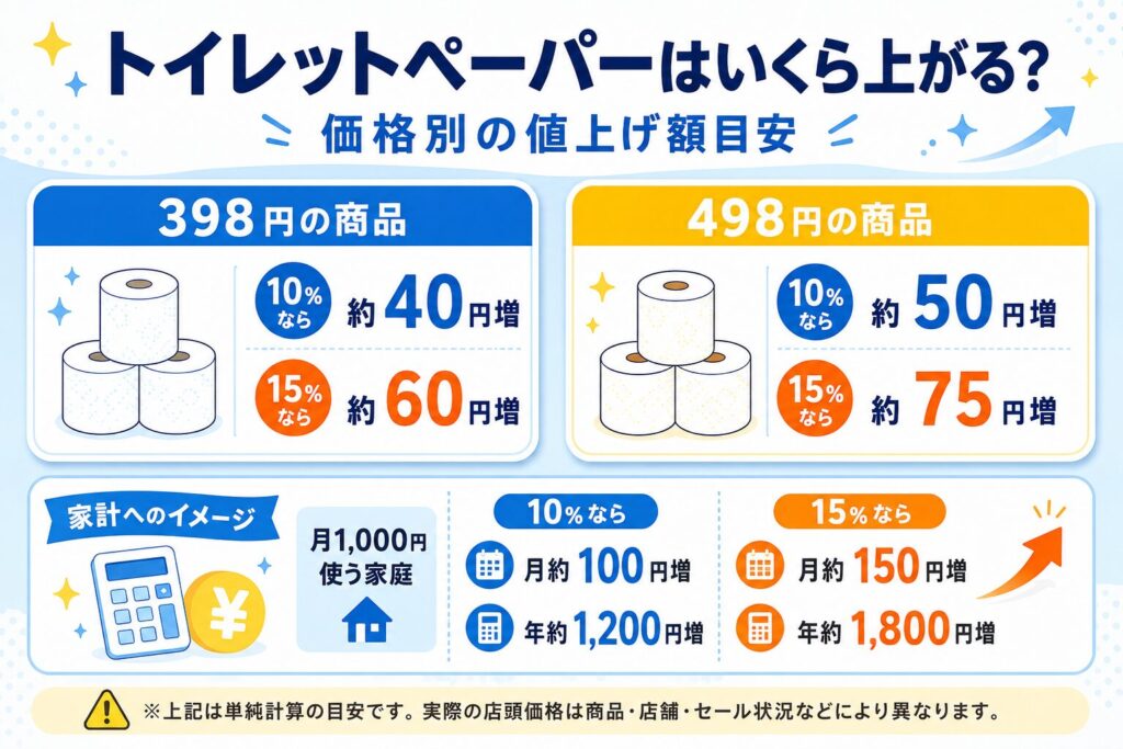 トイレットペーパーの値上げ額について、398円の商品は10%で約40円増、15%で約60円増、498円の商品は10%で約50円増、15%で約75円増になる計算例を示した図解。